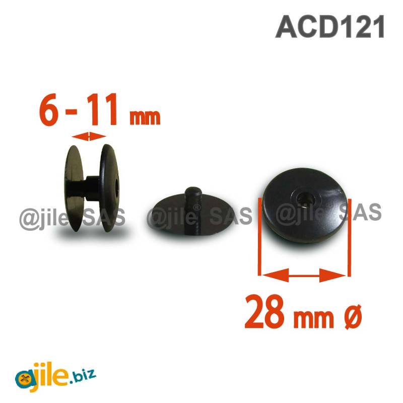 Clip Assemblage Panneaux et PLV épaisseur 6 à 11 mm NOIR tête diam. 28 mm - Ajile