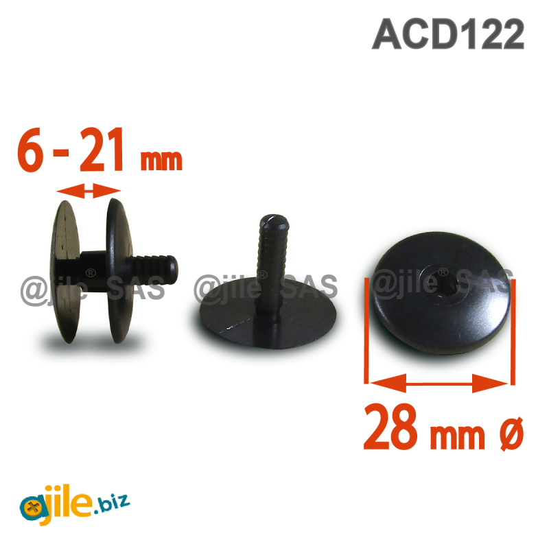 Assemblage Panneaux et PLV épaisseur 6 à 21 mm NOIR tête diam. 28 mm - Clip  Assemblage Panneau - Ajile