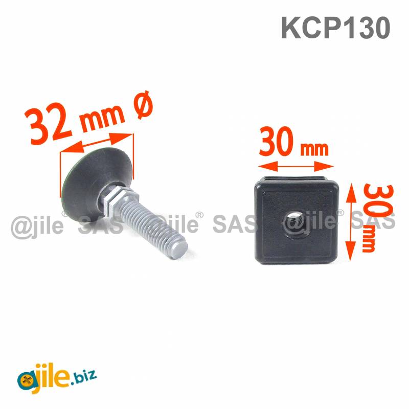 Kit Livellatore per tubo quadrato 30 x 30 mm con Piedino Filettato di Plastica Snodabile M10x33 con base diametro 32 mm - Ajile