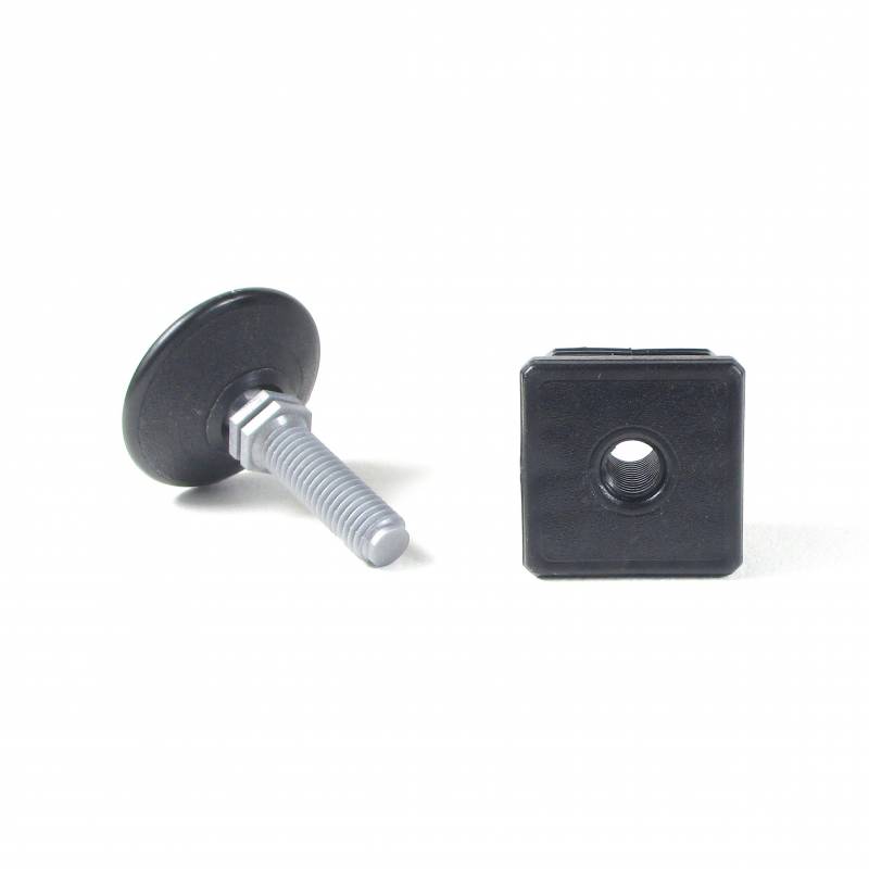 Kit Livellatore per tubo quadrato 35 x 35 mm con Piedino Filettato di Plastica Snodabile M10x33 con base diametro 40 mm