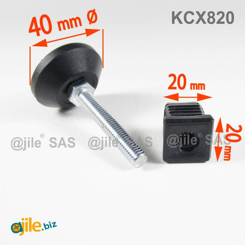 Kit Livellatore per tubo quadrato 20x20 mm con Piedino Filettato di Aciaio Zincato M8x50 con base diam. 40 mm - Ajile