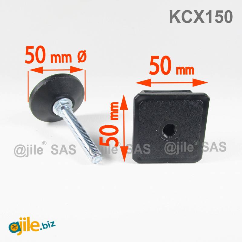 Kit Livellatore per tubo quadrato 50x50 mm con Piedino Filettato Aciaio Zincato M10x60 e base diam. 50 mm - Ajile