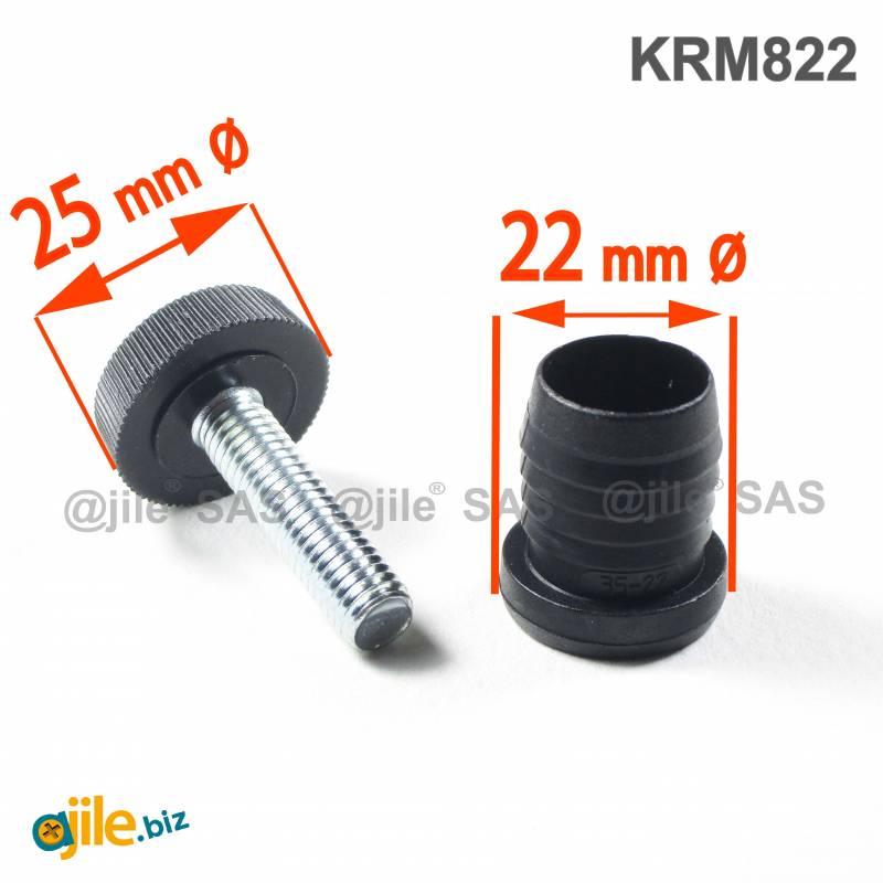Leveling Kit for 22 mm diam. Round Tube with an M8x30 mm Galvanised Steel Knurled Adjustable Foot diam. 25 mm - Ajile