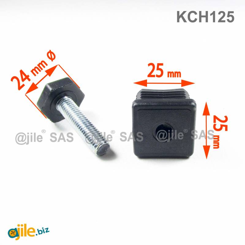 Kit Livellatore per tubo quadrato 25x25 mm con Piedino Filettato Aciaio Zincato M10x40 con base esagonale di 24 mm - Ajile