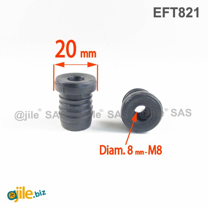 Round M8 threaded ribbed insert for 20 mm OUTER diam. round tube - BLACK - Ajile