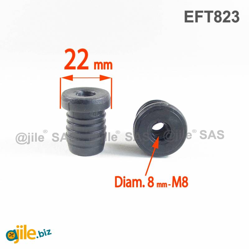 Round M8 threaded ribbed insert for 22 mm OUTER diam. round tube - BLACK - Ajile