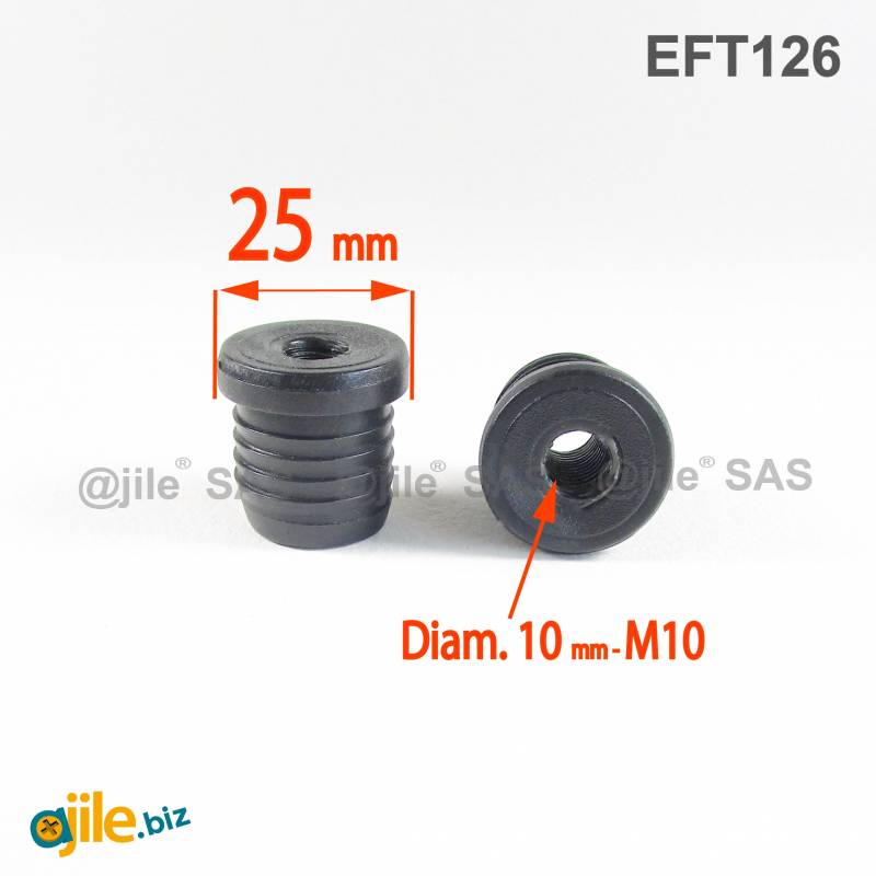 Round M10 threaded ribbed insert for 25 mm OUTER diam. round tube - BLACK - Ajile
