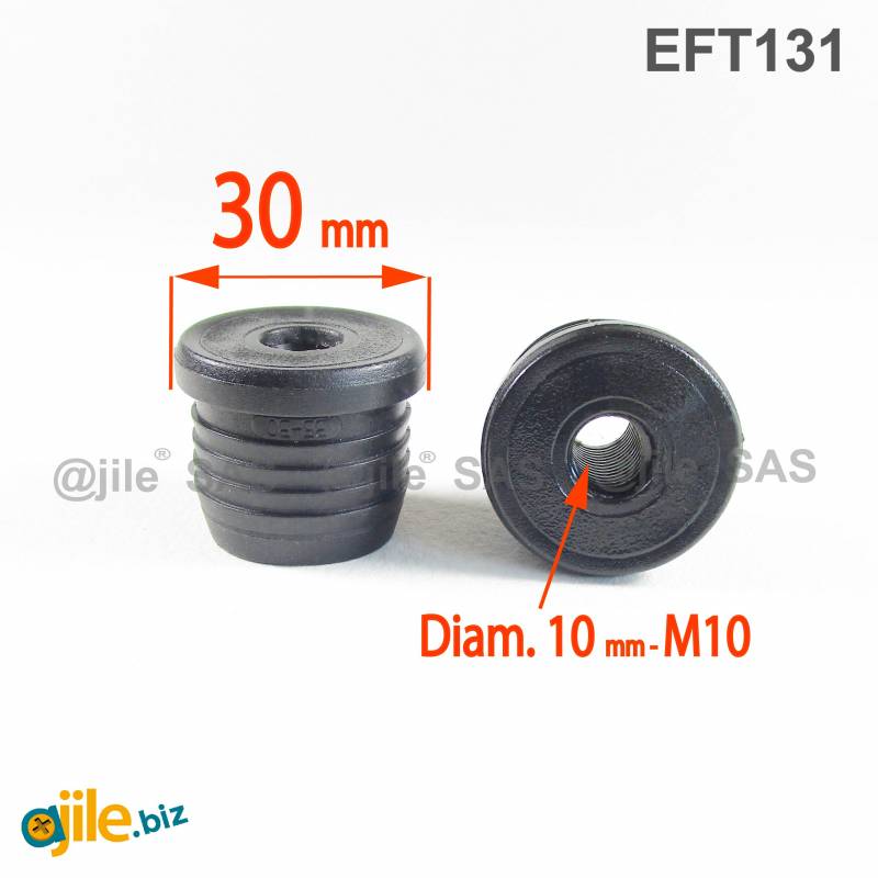 Embout Plastique NOIR Rond pour Tube Diamètre 30 mm avec Insert Métal Fileté  diam. 10 mm (M10) - Embout Rond Fileté - Ajile