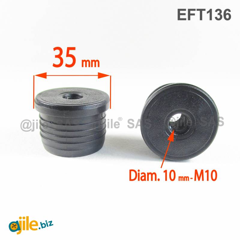 Round M10 threaded ribbed insert for 35 mm OUTER diam. round tube - BLACK - Ajile