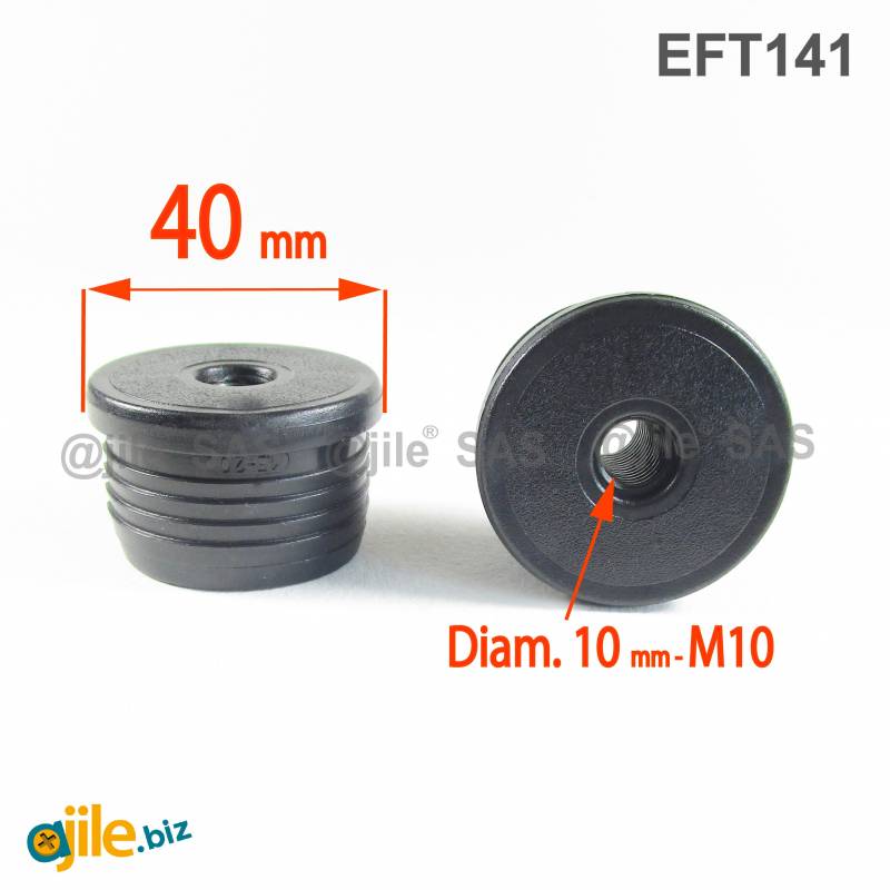 Round M10 threaded ribbed insert for 40 mm OUTER diam. round tube - BLACK - Ajile