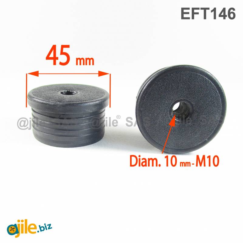 Round M10 threaded ribbed insert for 45 mm OUTER diam. round tube - BLACK - Ajile