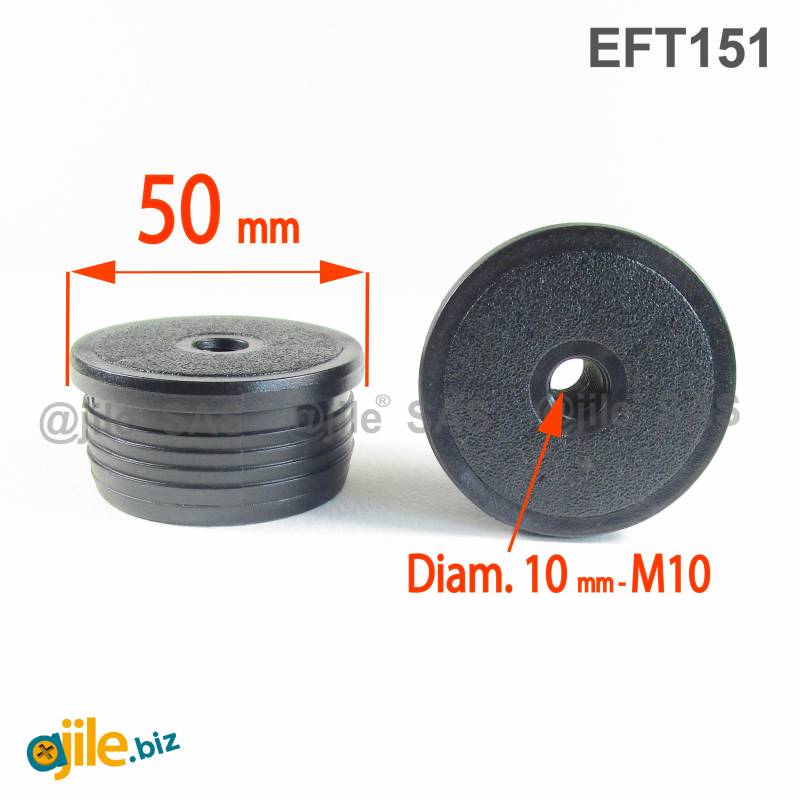 Round M10 threaded ribbed insert for 50 mm OUTER diam. round tube - BLACK - Ajile