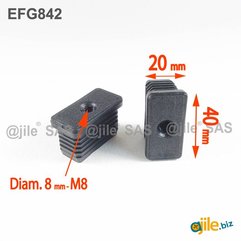 Embout plastique rectangulaire pour tube 40 x 20 mm avec trou fileté diam. 8 mm (M8) - Ajile