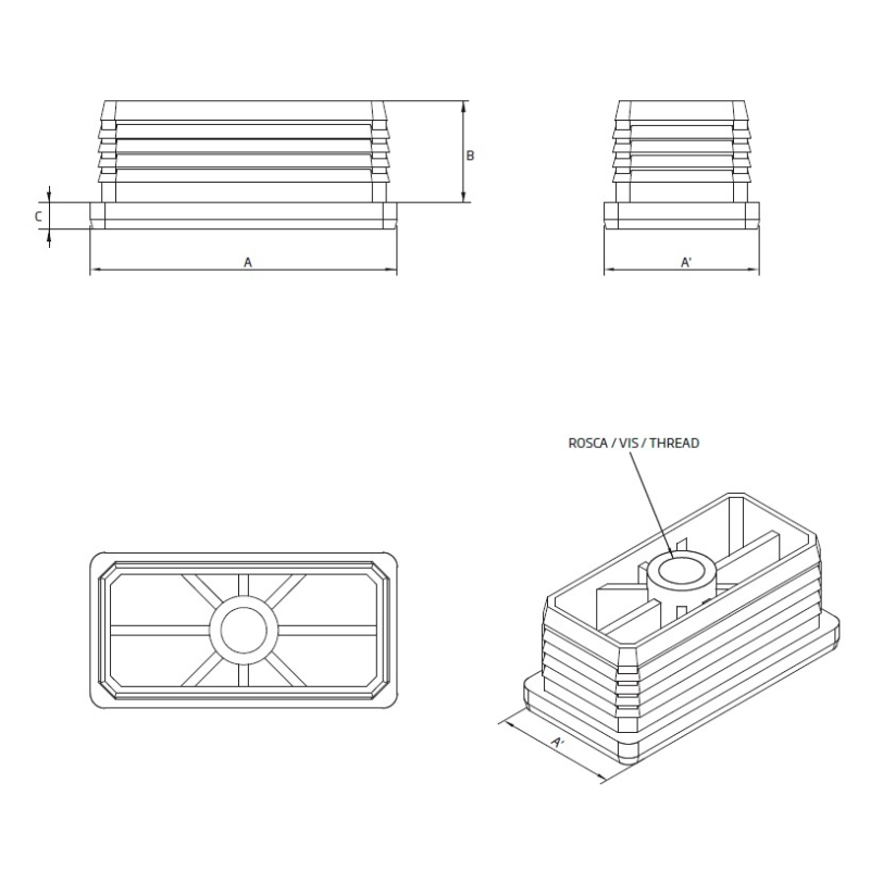 Inserto M8 a lamelle rettangolare con filetto interno per tubo rettangolare 50 x 20 mm dim. esteriore - NERO