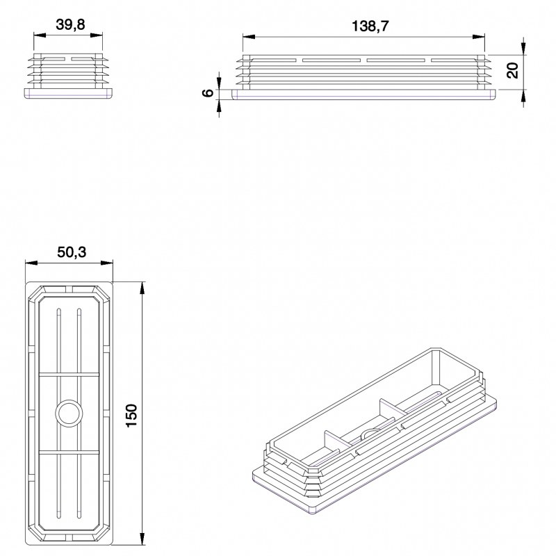 Kunststoff Lamellen-Stopfen für Rechteckrohre mit 150x50 mm Aussenmass und 2,0-5,0 mm Dicke - SCHWARZ - Rechteckstopfen Schwar