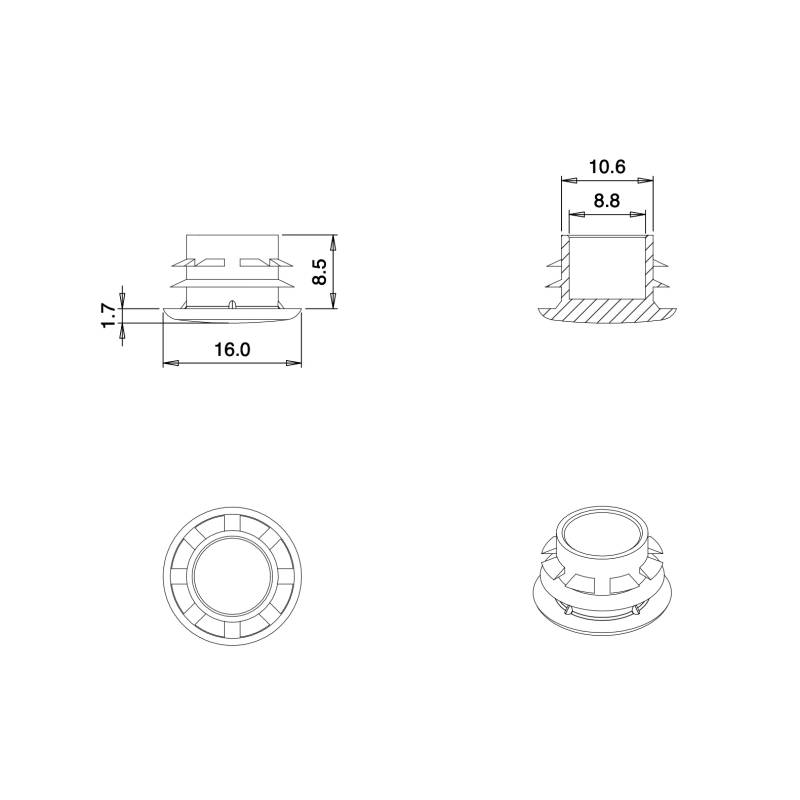 Plastic sealing hole plug for sealing 11.5 - 14 mm diameter hole, with a 16 mm diameter head
