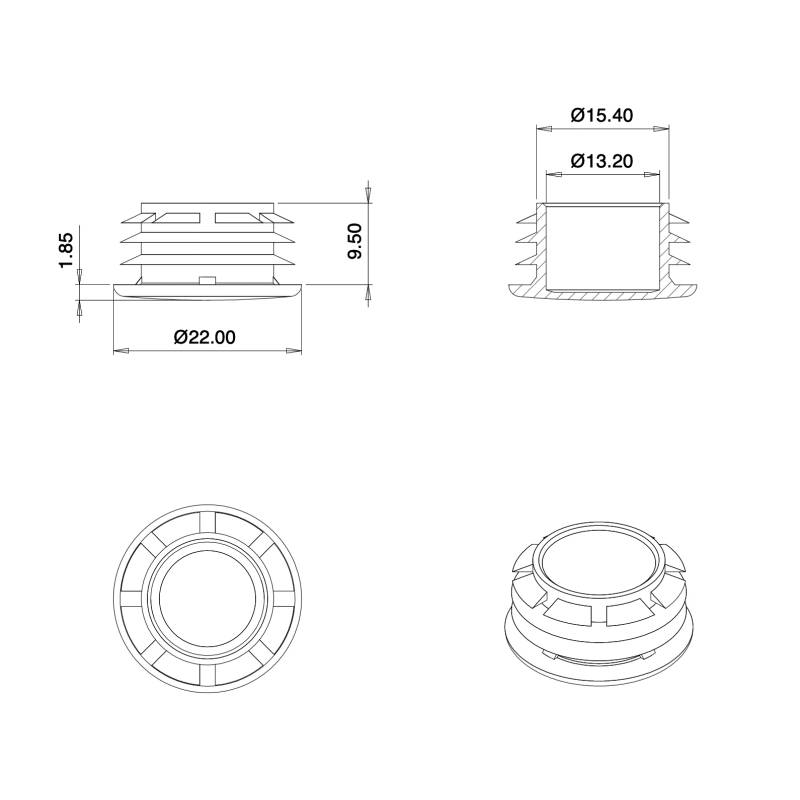 Tappo copriforo di plastica NERO per tappare un foro di diametro 17 - 20 mm con diametro della copertura della testa 22 mm