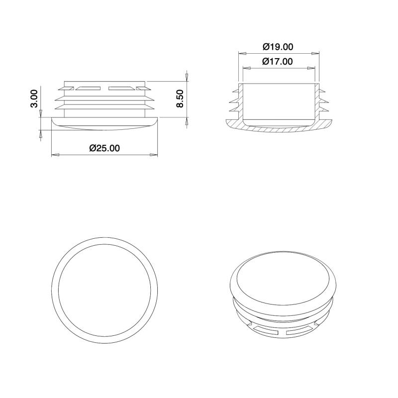 Tappo copriforo di plastica NERO per tappare un foro di diametro 20 - 23 mm con diametro della copertura della testa 25 mm