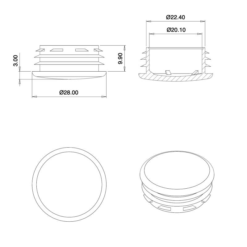 Plastic sealing hole plug BLACK for sealing 23 - 26 mm diameter hole, with a 28 mm diameter head
