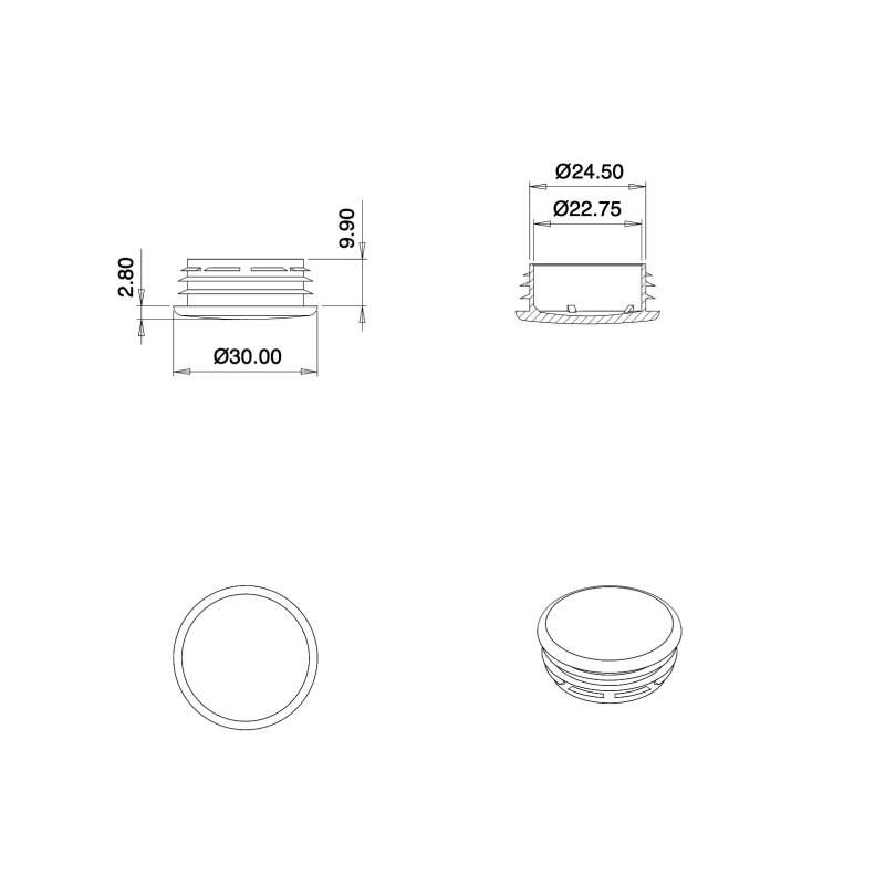 Bouchon Cache Capuchon Plastique NOIR pour Obturation d’un Diamètre 25 - 28 mm, Tête Couvrante de Diamètre 30 mm