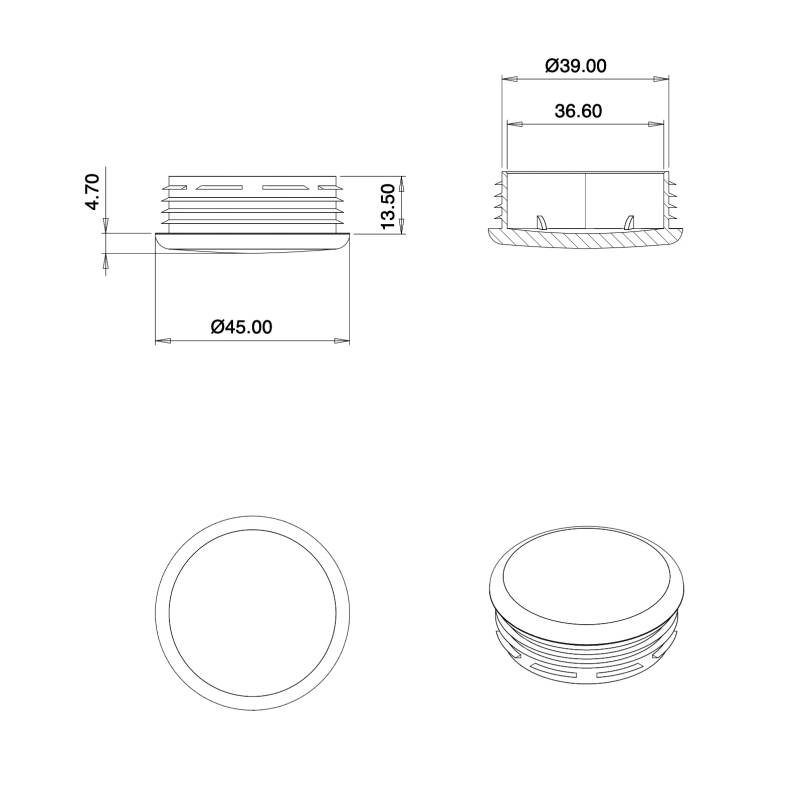 Abdeckkappen aus Kunststoff SCHWARZ zum Stopfen von 40 - 43 mm Durchmessern, mit einem 45 mm Kopfdurchmesser