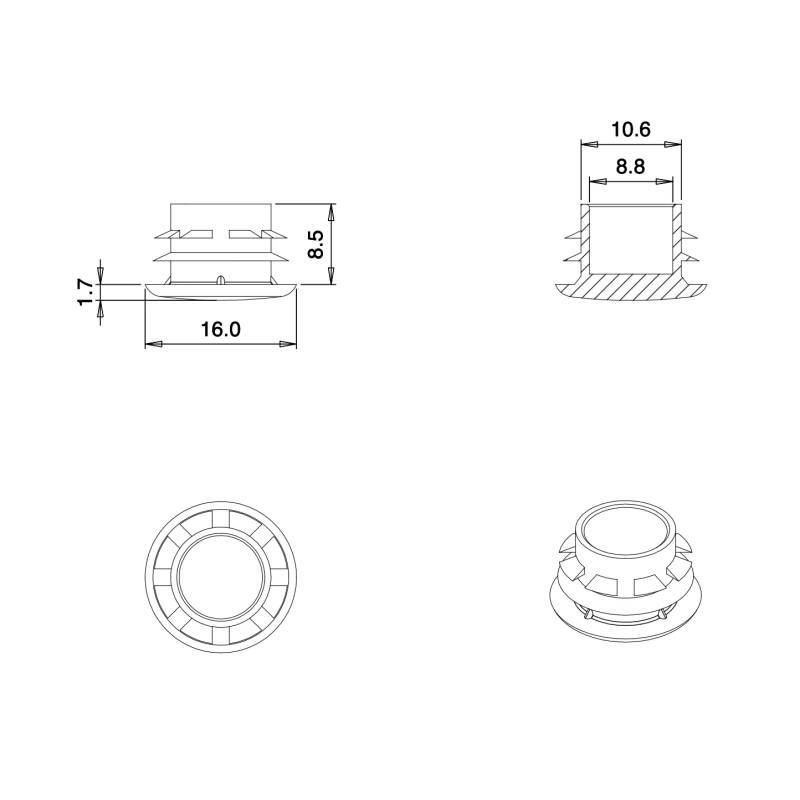 Plastic sealing hole plug for sealing 11.5 - 14 mm diameter hole, with a 16 mm diameter head