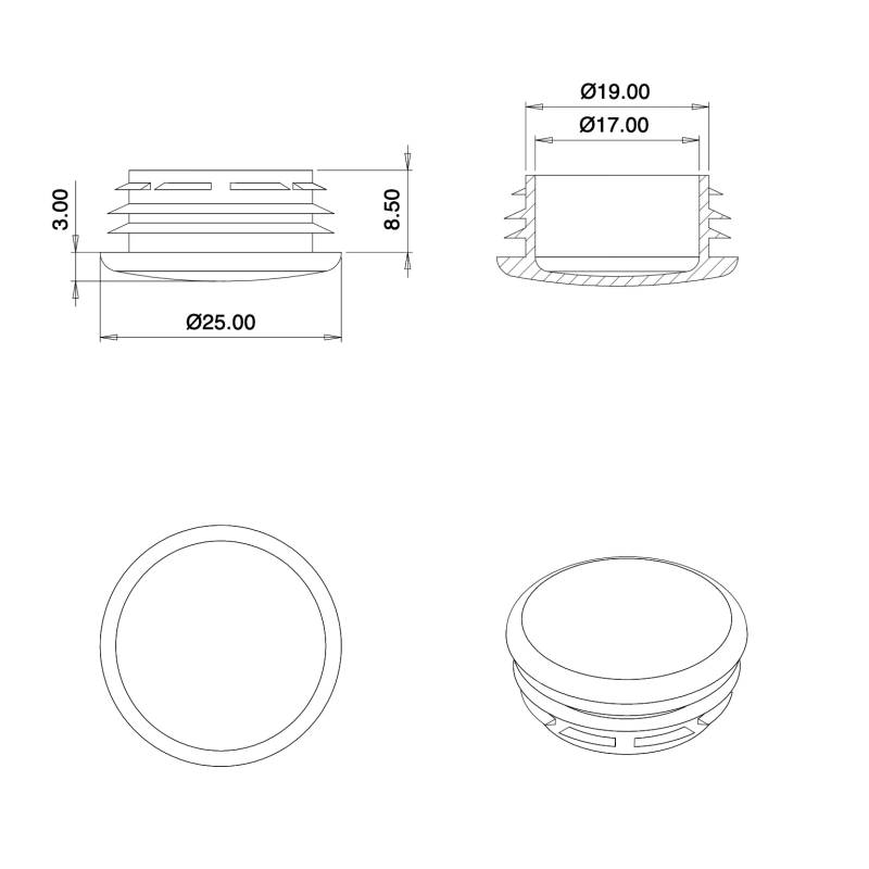 Abdeckkappen aus Kunststoff GRAU zum Stopfen von 20 - 23 mm Durchmessern, mit einem 25 mm Kopfdurchmesser