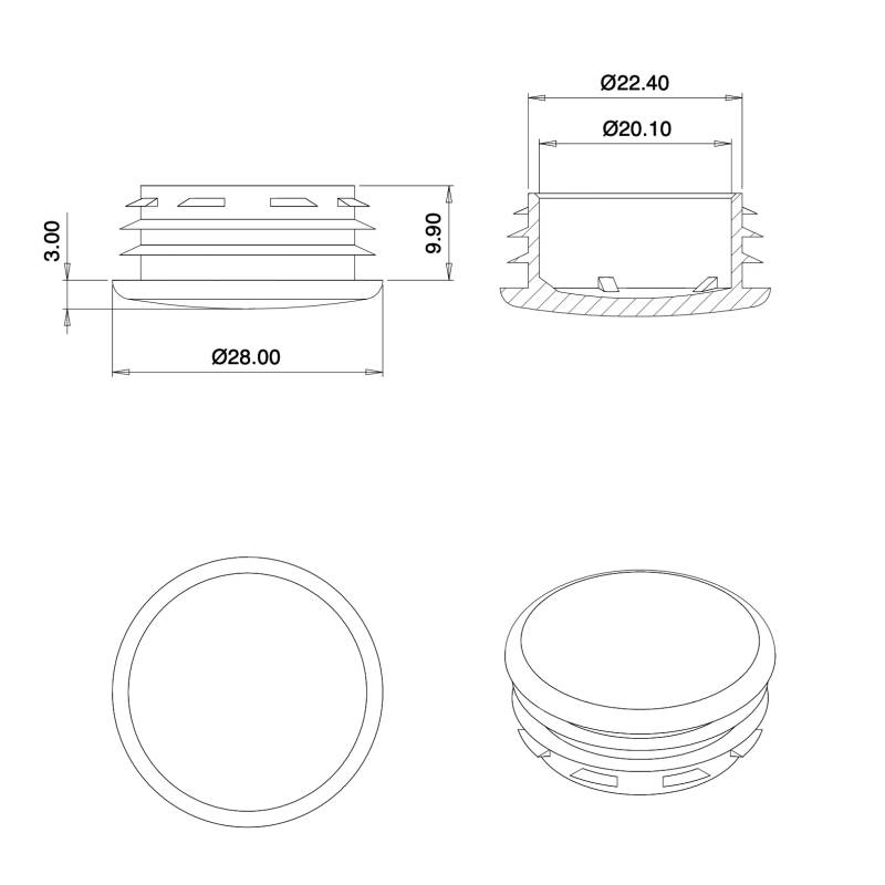 Abdeckkappen aus Kunststoff GRAU zum Stopfen von 23 - 26 mm Durchmessern, mit einem 28 mm Kopfdurchmesser