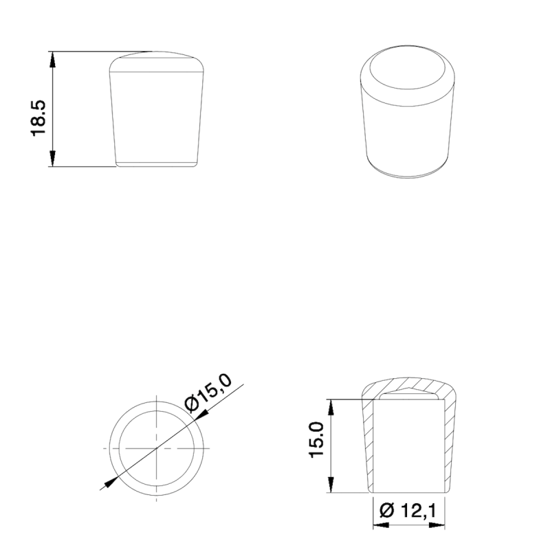 Thermoplastic Rubber Bush Ferrule BLACK for 12 mm Diameter Tube - finishing caps - screw-nut cap - ajile