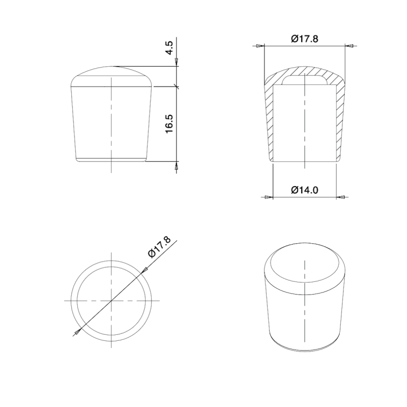 Thermoplastic Rubber Bush Ferrule BLACK for 14 mm Diameter Tube - finishing caps - screw-nut cap - ajile