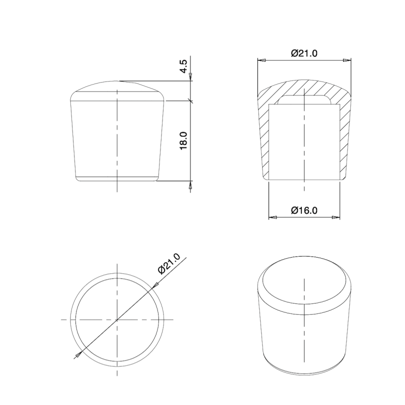 Thermoplastische Kunststoff Fußkappe aus Elastischem SCHWARZEM Gummi für Rohrfüße - Rohrdurchmesser 16 mm - ajile