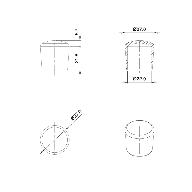 Thermoplastic Rubber Bush Ferrule BLACK for 22 mm Diameter Tube - finishing caps - screw-nut cap - ajile