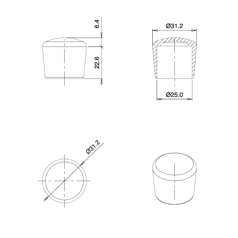 Tappo Puntale Calzante Morbido di Gomma Termoplastica NERO per Tubolari di 25 mm di Diametro - coprivite-copridado - ajile
